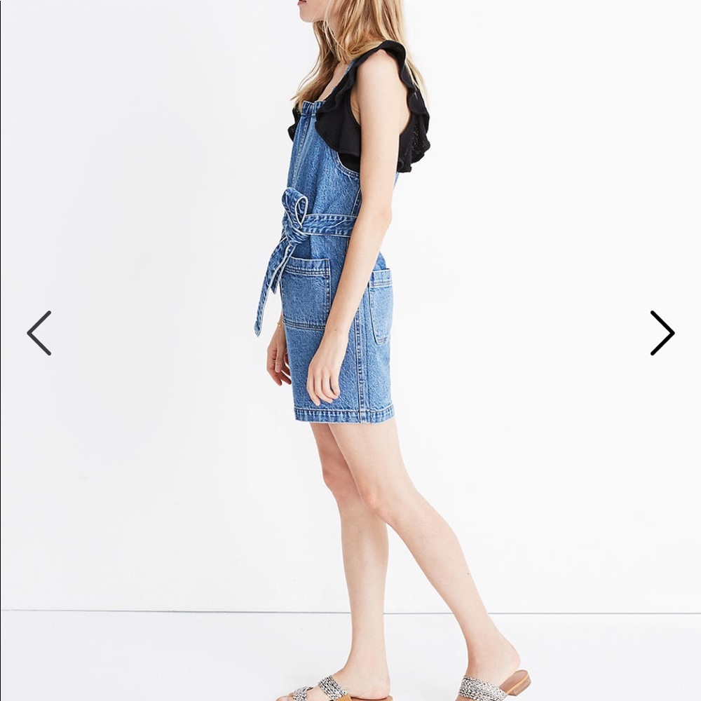 Denim Tie-Waist Patch Pocket Short Overalls - Picture 2 of 5